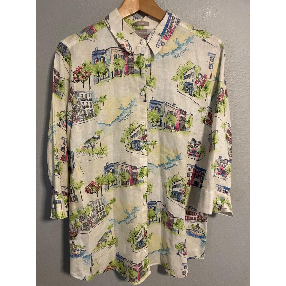 Chicos Top Womens Size 2 US 12/14 Cream Linen No Iron House Print 3/4 Slv Artsy